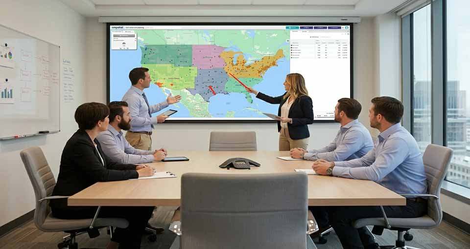 Business meeting in a conference room with six people discussing a color-coded U.S. map projected on a screen.