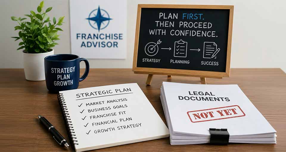 Desk with a plant, a mug labeled 'Strategy Plan Growth', a notebook listing strategic plan items, a stack of legal documents stamped 'Not Yet', and a small chalkboard with the message 'Plan first, then proceed with confidence' alongside icons for strategy, planning, and success.
