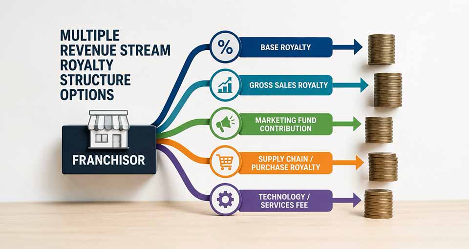 Diagram shows franchisor linked to five royalty streams with stacks of coins representing each type.