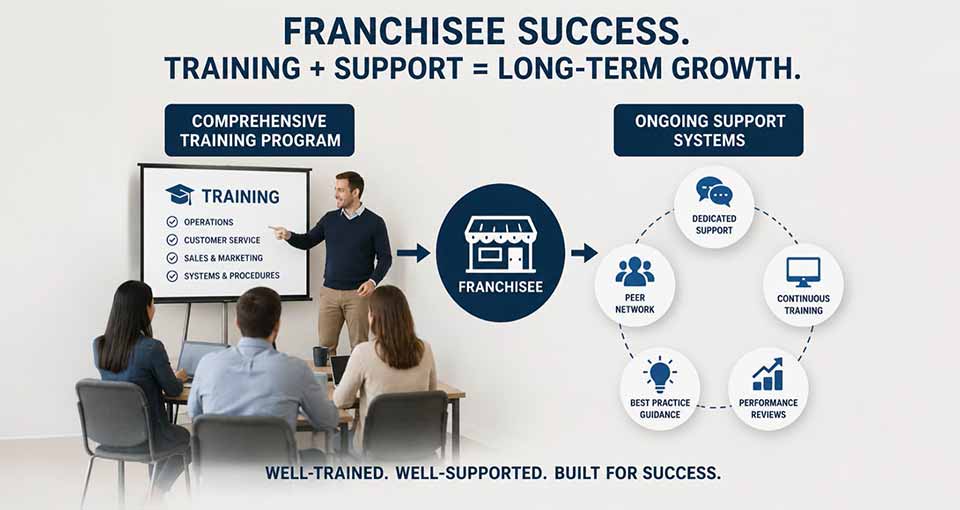 Man presenting franchisee training program to seated group; diagram shows training and support for growth.