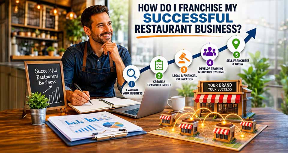 Man planning restaurant franchise business with charts, laptop, franchise steps, and miniature store models.