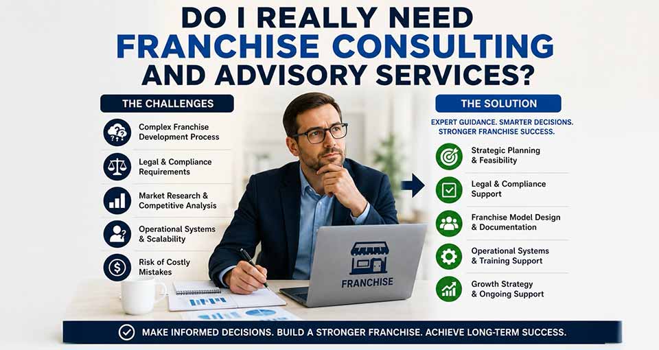 Man with glasses at laptop considering franchise consulting challenges and solutions side by side.