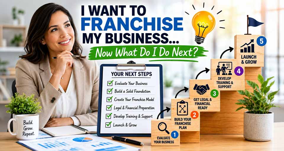 Woman with thoughtful smile beside infographic of steps to franchise business, from evaluation to launch and growth.