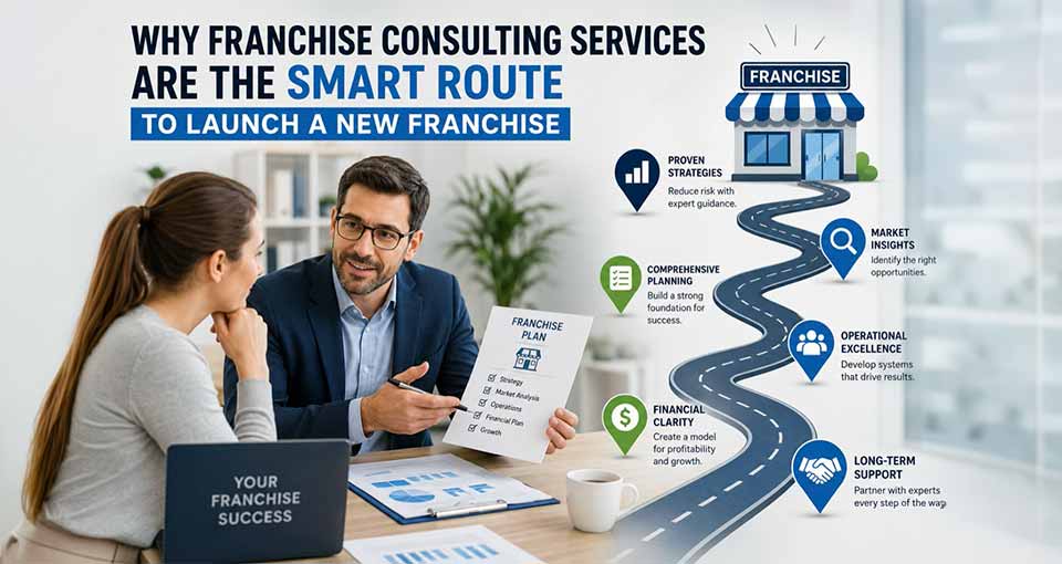 Man showing franchise plan to woman, beside a winding path listing steps for franchise success.