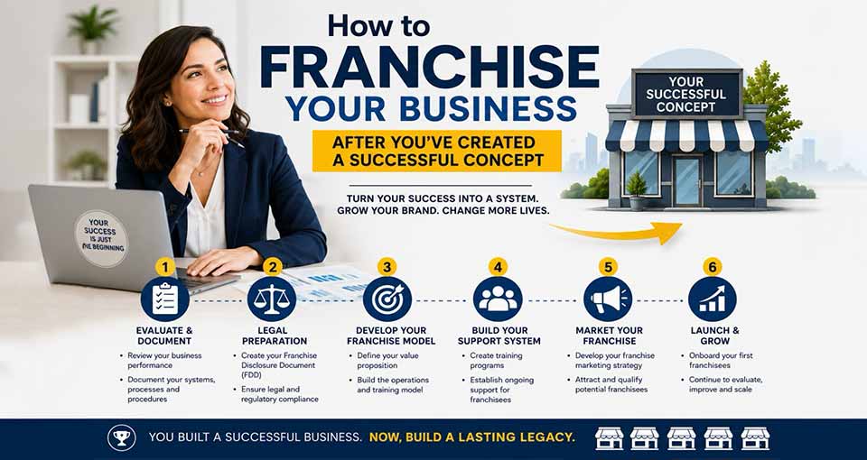 Infographic detailing six steps to franchise a business after creating a successful concept with woman at laptop.