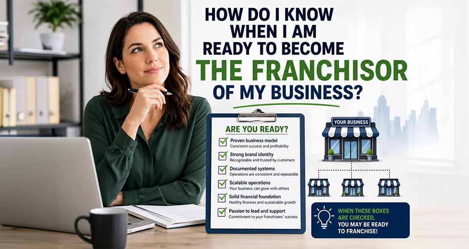 Woman thinking at desk with checklist titled 'Are You Ready?' about becoming a franchisor of business.
