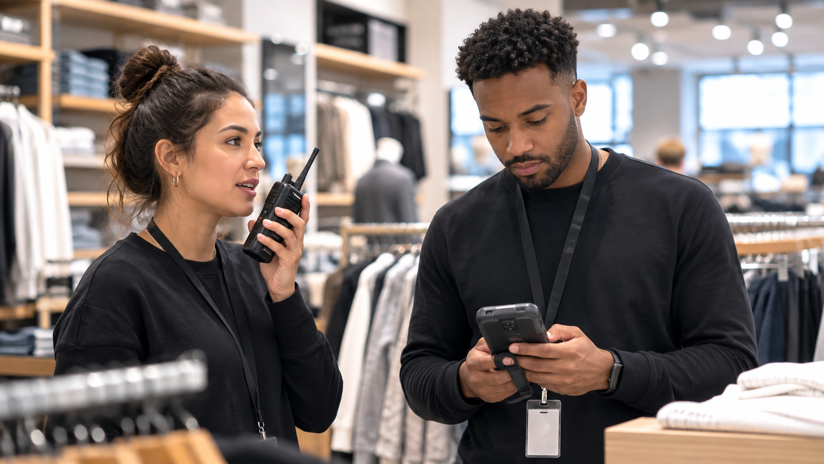 Two retail associates using a two-way radio and handheld device in a clothing store