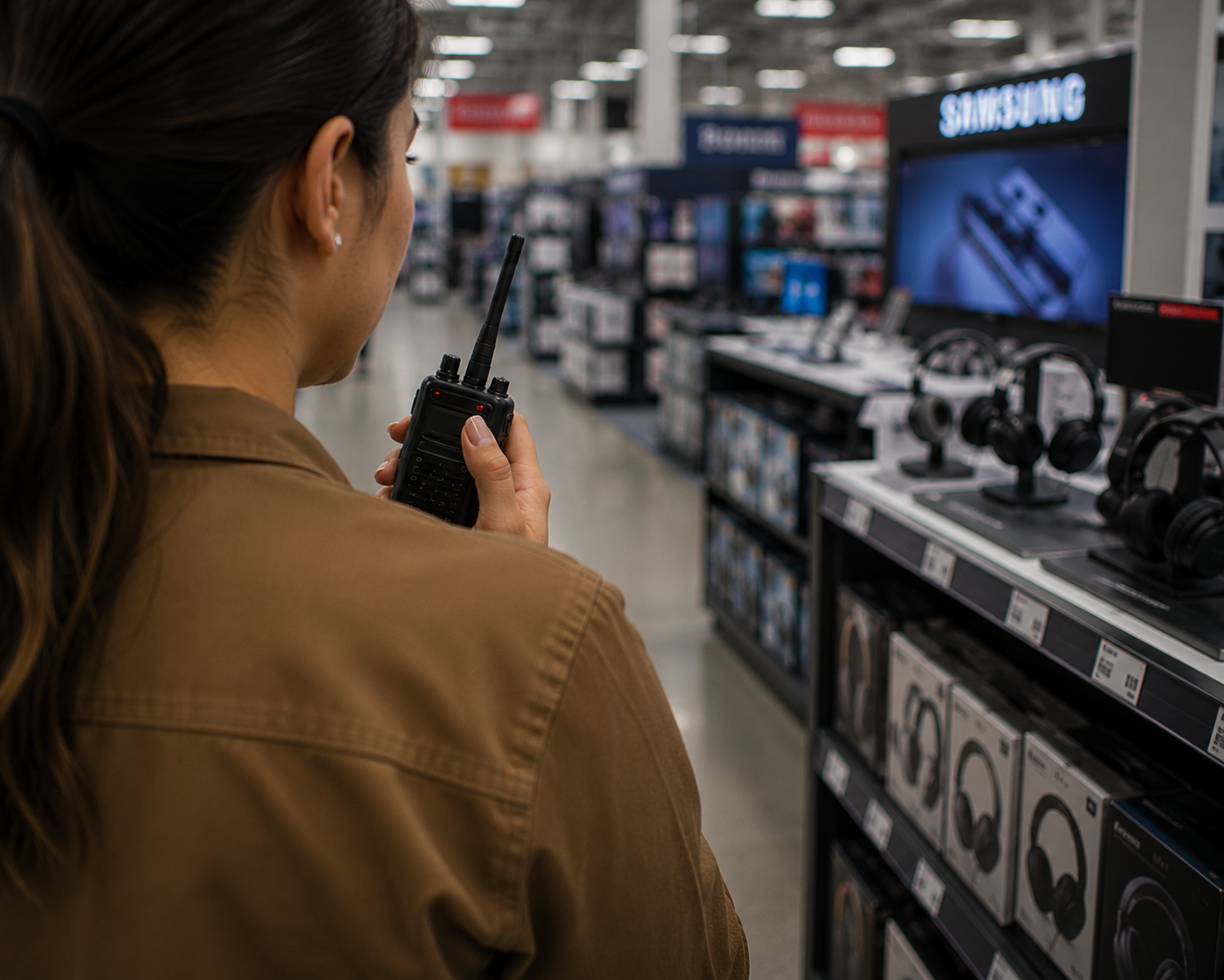 Retail associate holding a two-way radio in the electronics section of a store.