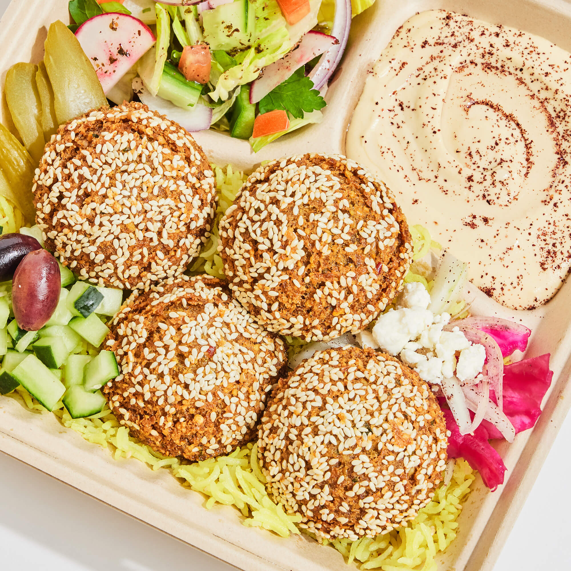 Close up of the falafel platter.