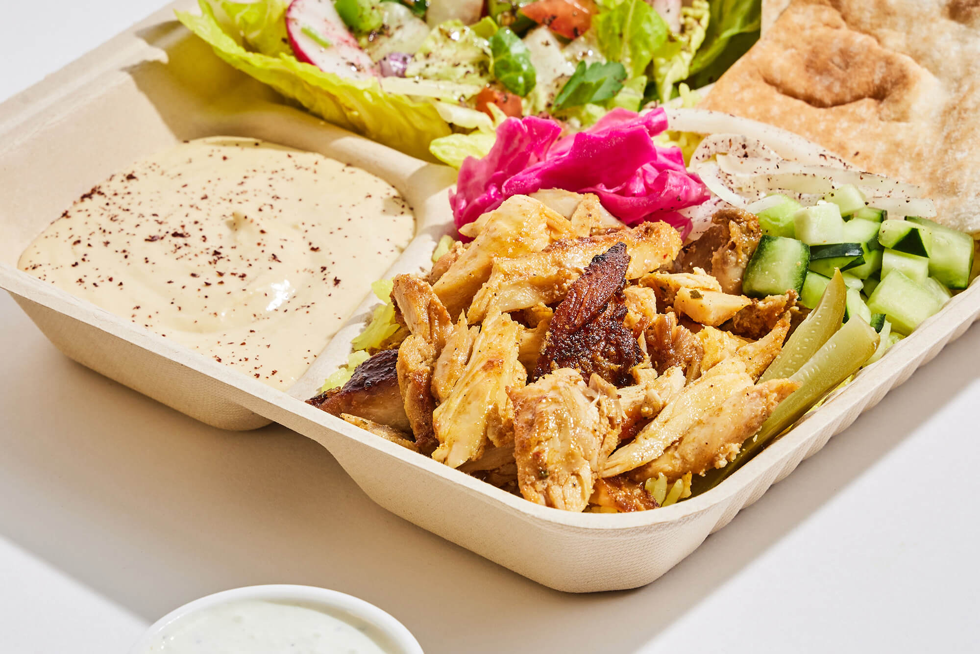 Chicken shawarma platter close up.