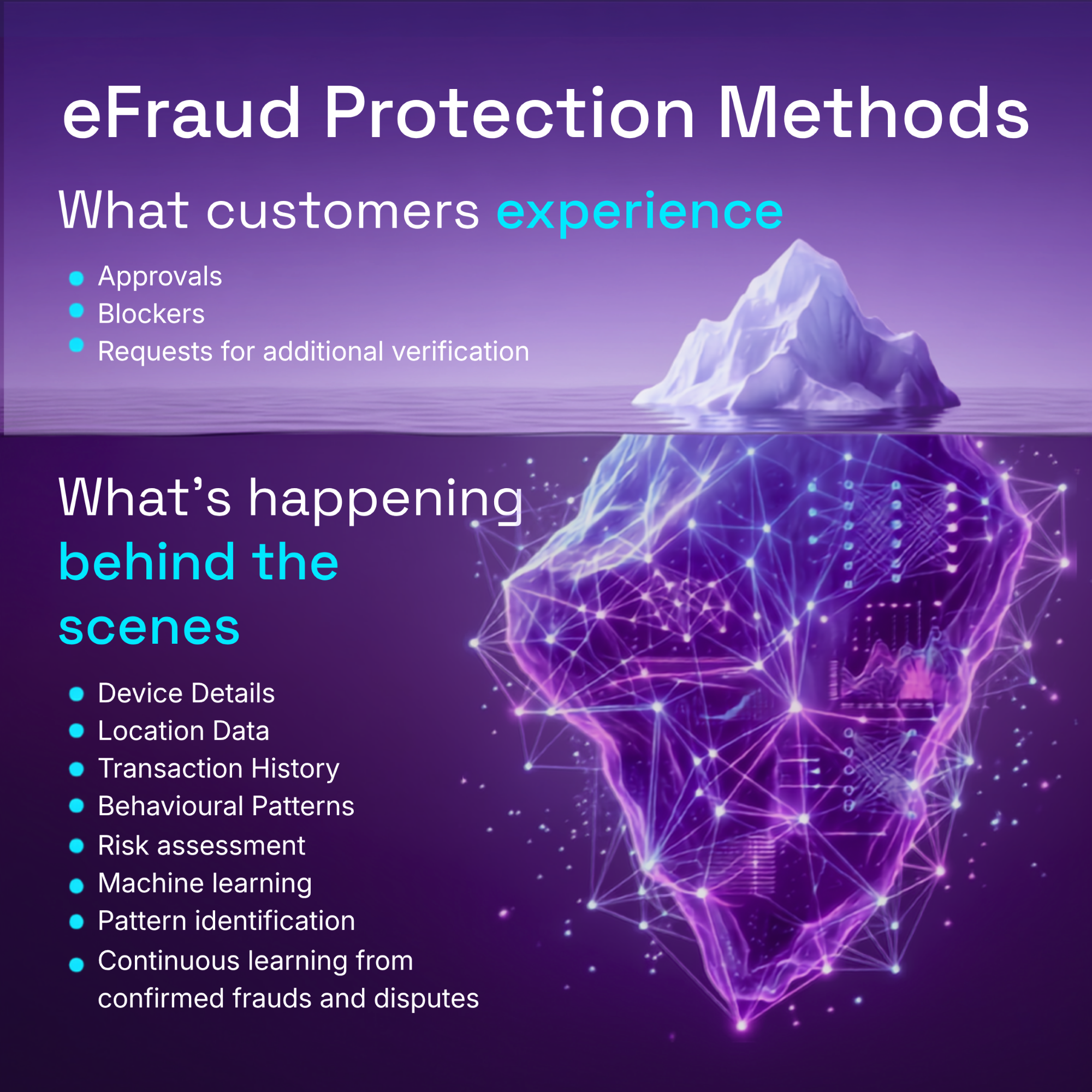 Iceberg graphic showing visible customer fraud checks and hidden fraud detection technologies working behind the scenes.