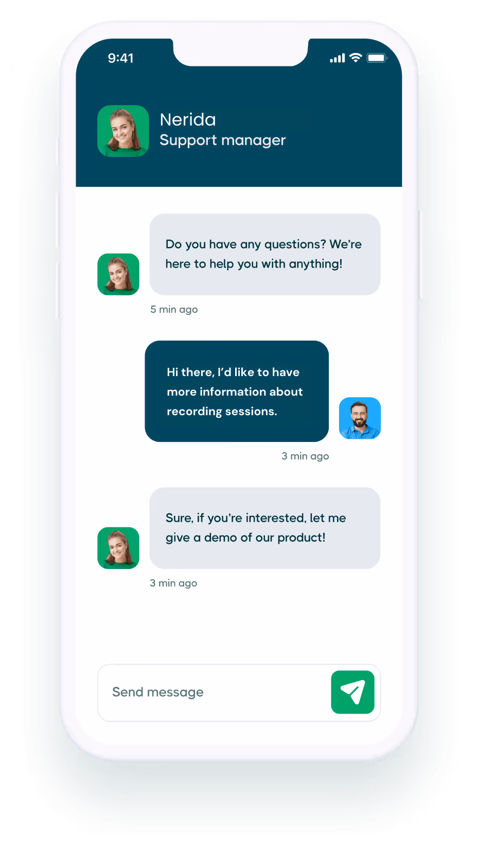 A white cell phone with a green background and a conversation between two people.