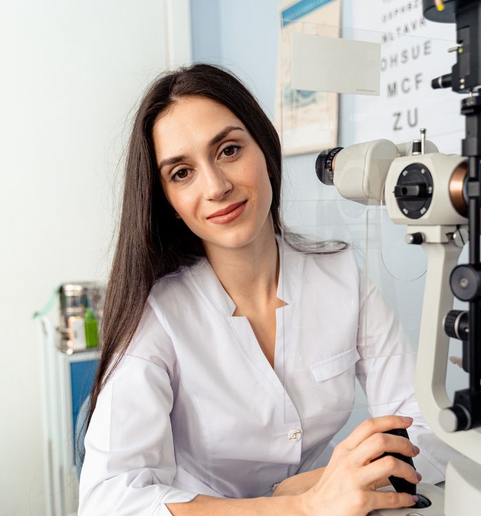 A woman in a white lab coat sits in front of an eye exam machine, preparing for a patient consultation.