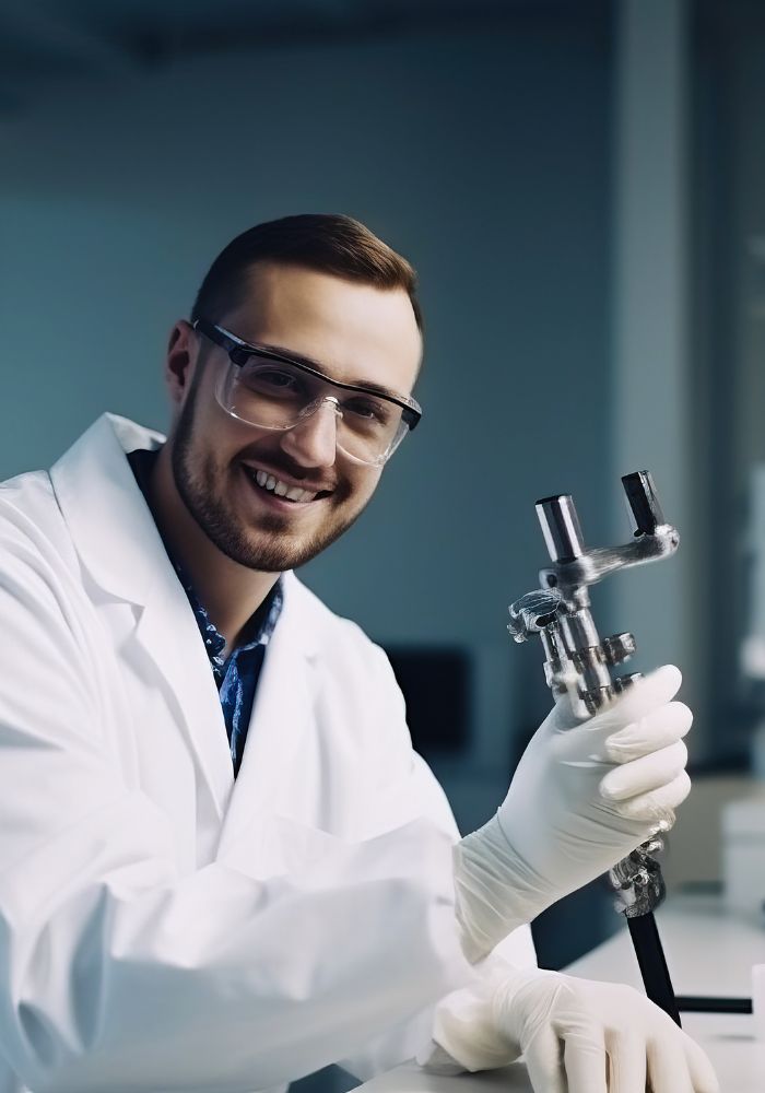 A man wearing glasses and a white lab coat is smiling.