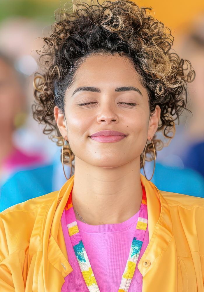 A woman with a yellow jacket and pink shirt smiles.