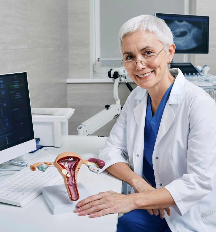A woman in a white lab coat is holding a model of a woman's reproductive system.