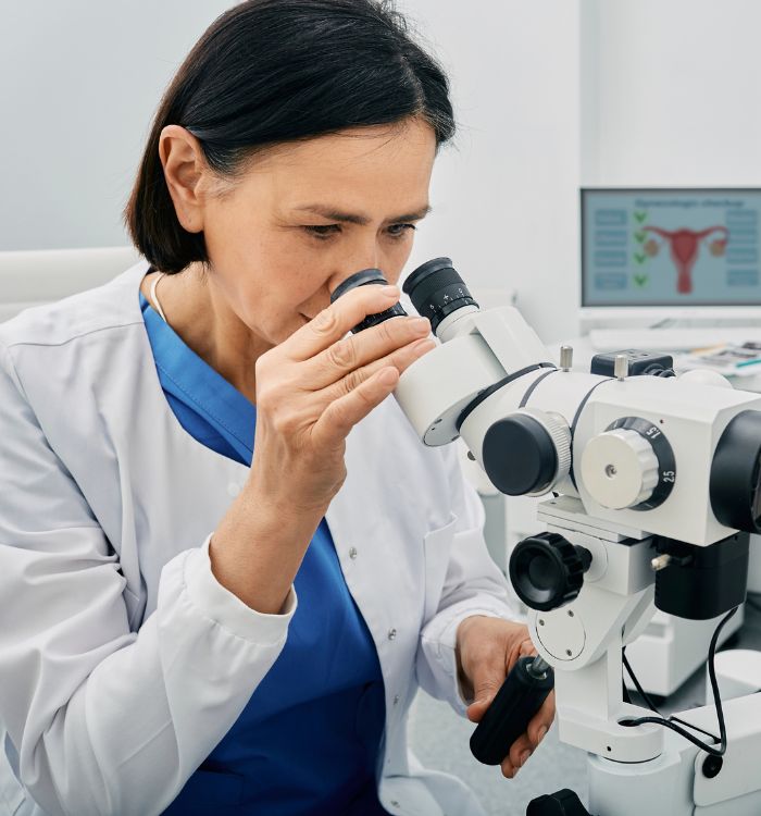 A woman wearing a white lab coat and blue shirt looking through a microscope.
