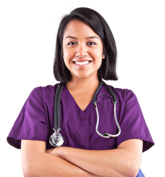 A woman wearing a purple shirt and a stethoscope.