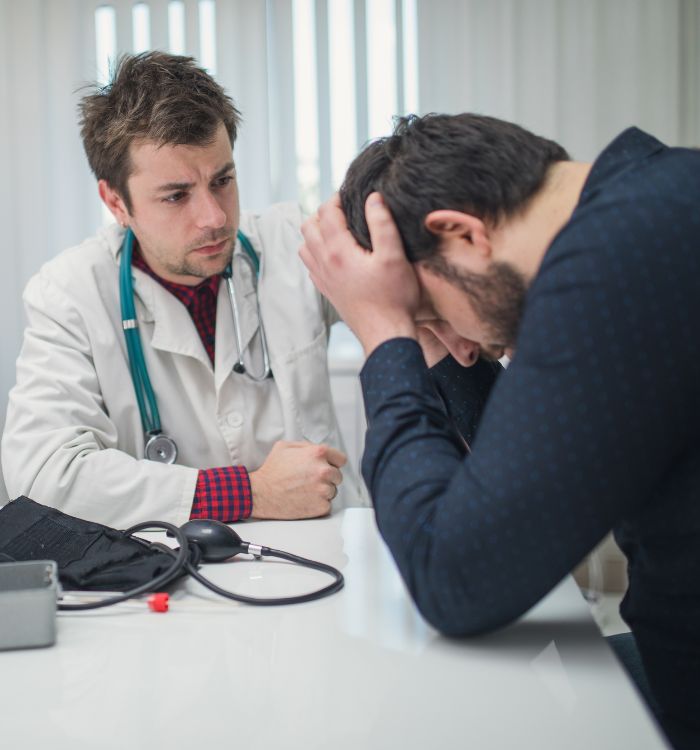 A man with a headache talking to a doctor.