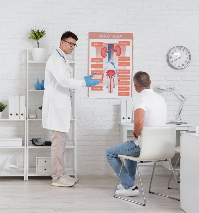 A man in a white lab coat is showing a poster to another man.