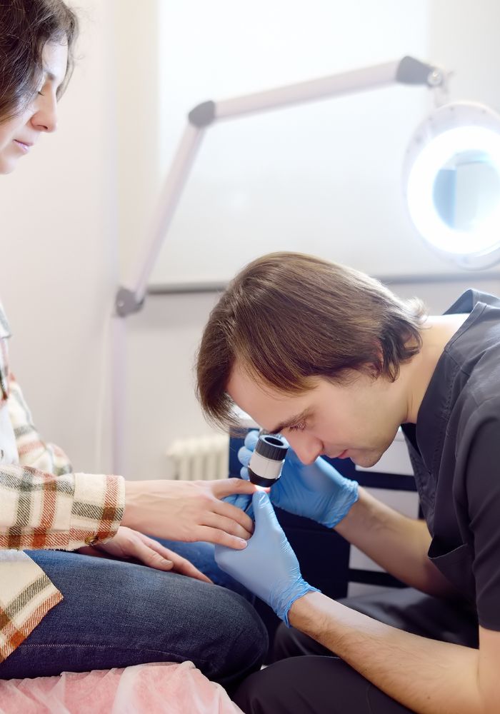 A man is examining a woman's hand with a microscope.