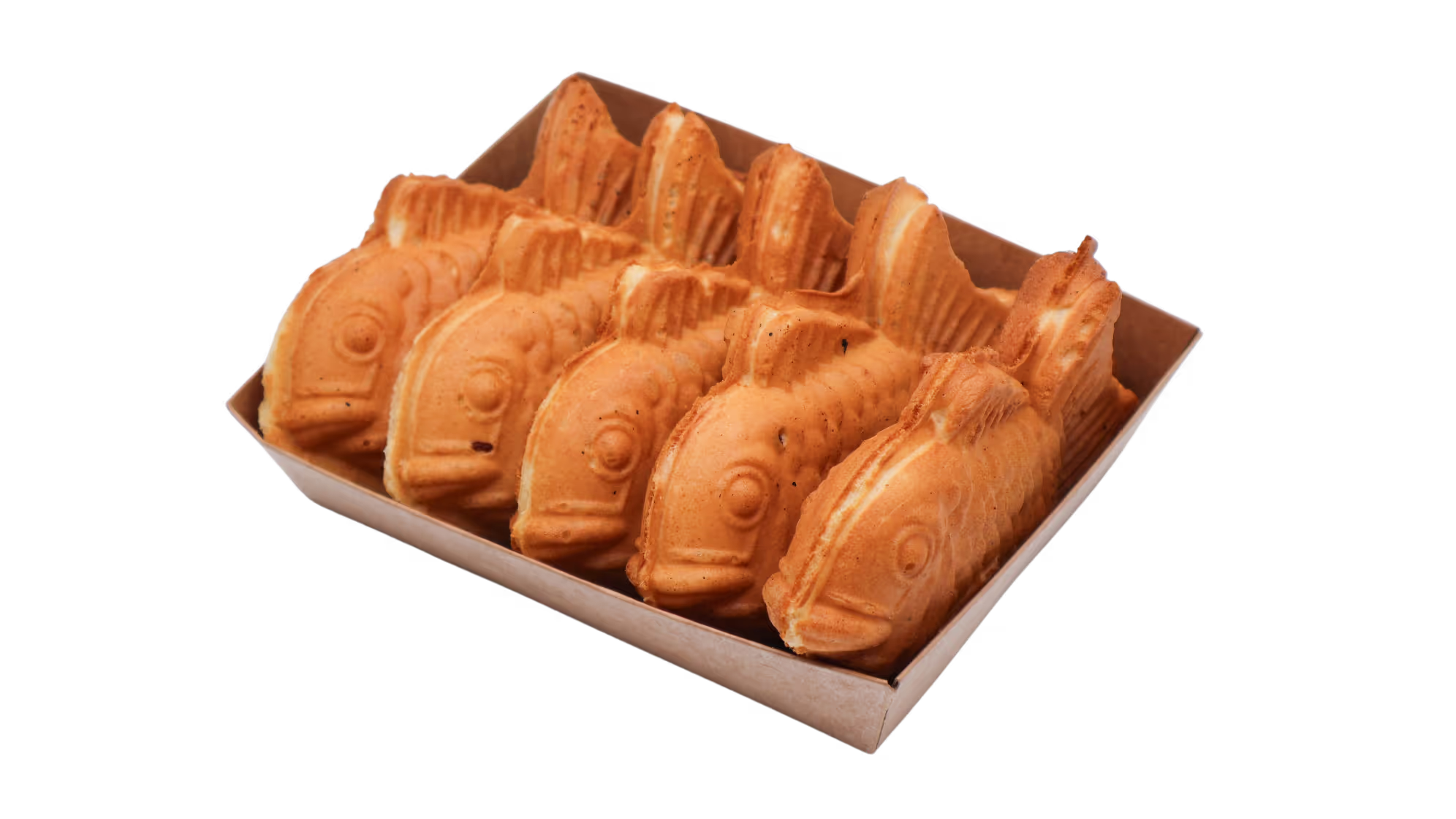 A tray of five fish-shaped pastries, golden brown with detailed scales and fins.