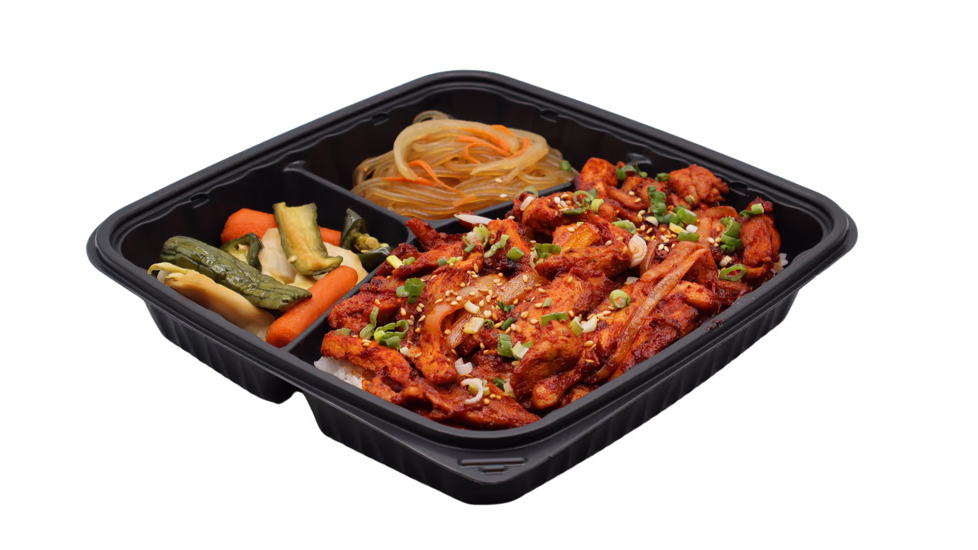 Black tray with spicy grilled chicken over rice, pickled vegetables, and glass noodles with carrots and onions.
