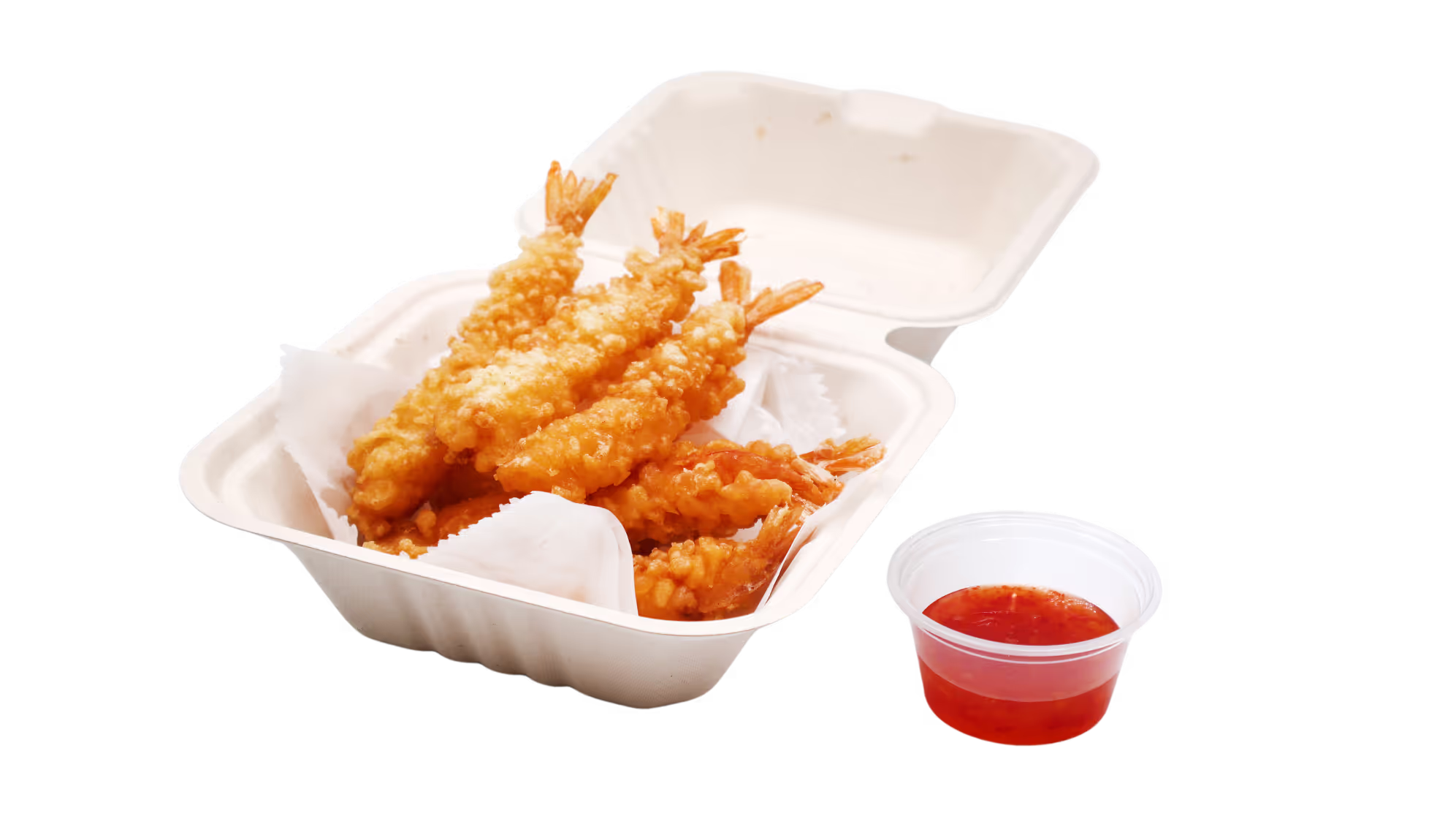 Takeout box with crispy fried shrimp tempura and a small cup of red dipping sauce.