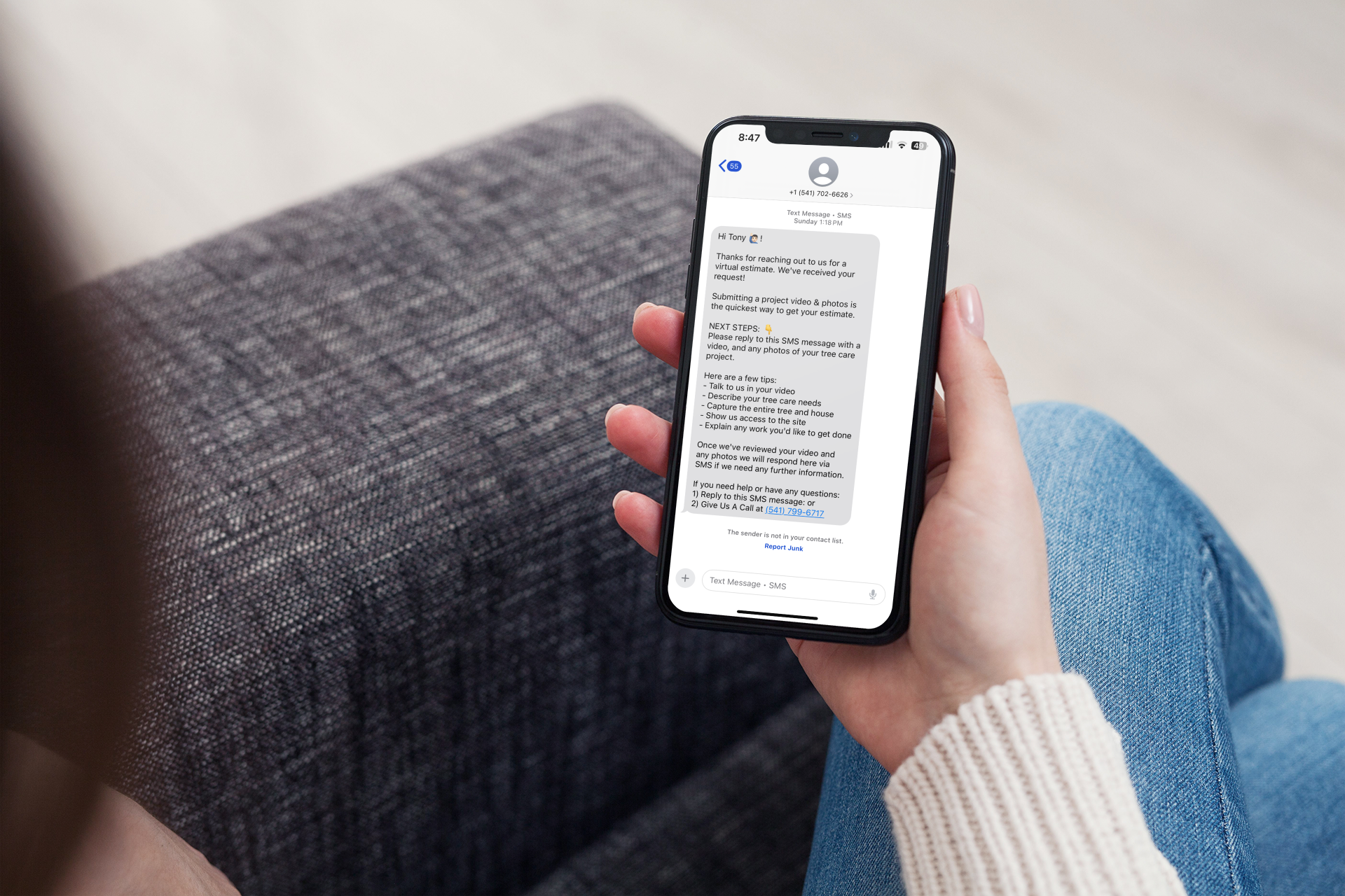 Phone showing a virtual estimate request