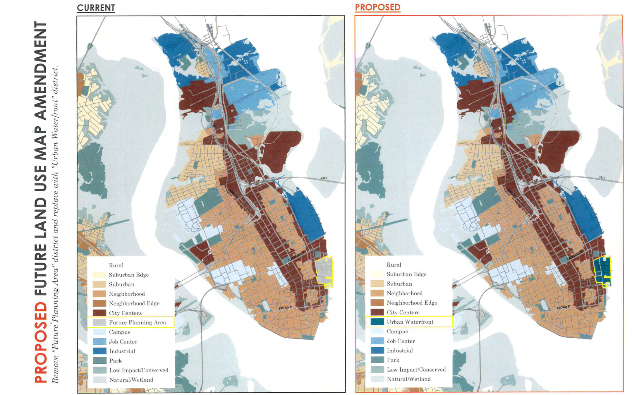 A graphic of current and proposed future land use amendment, 2025, Charleston, SC.