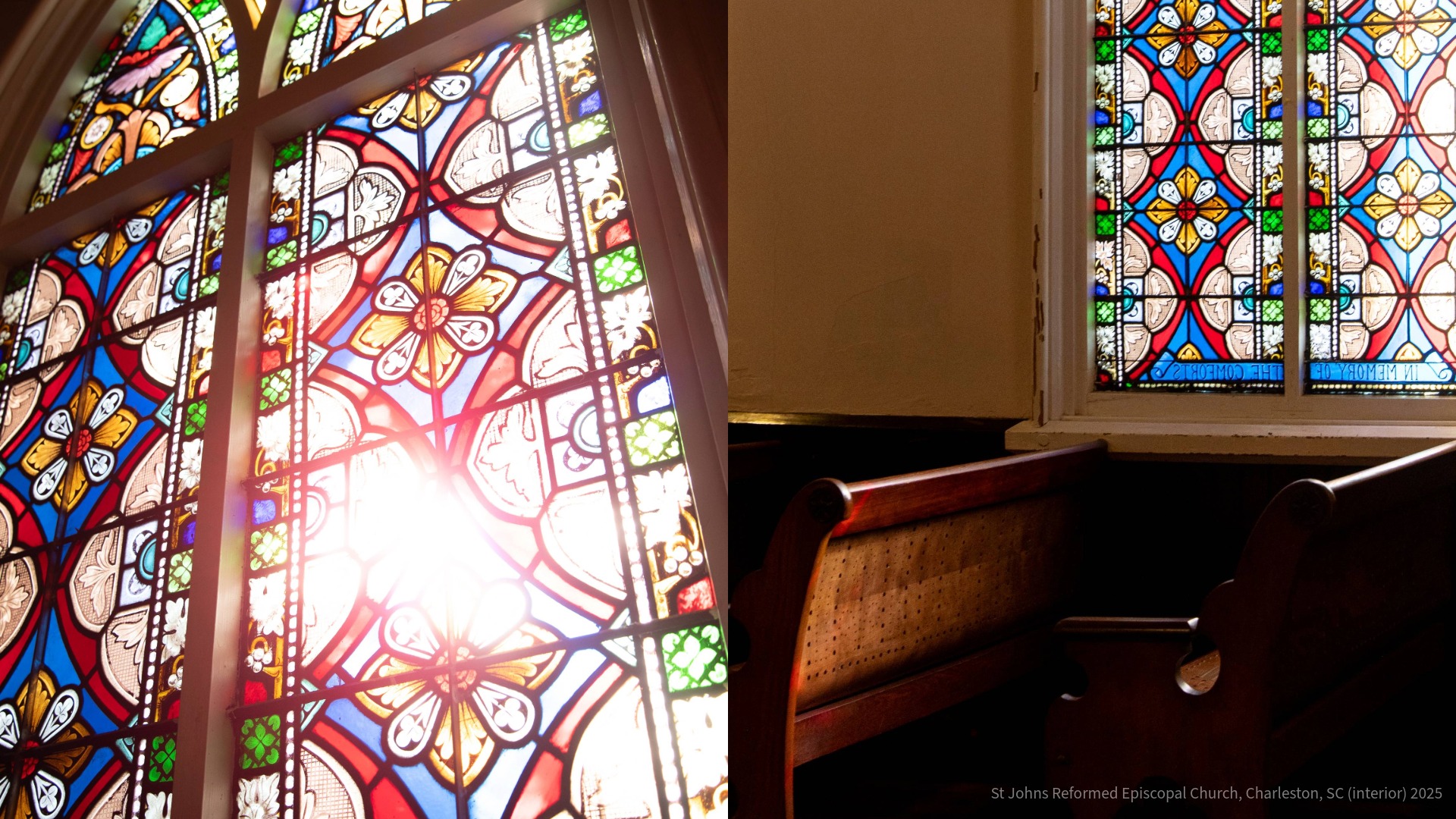 Stained glass and detail of wood pews inside the St Johns Reformed Episcopal