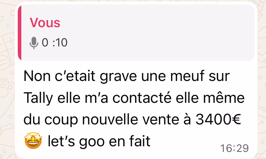 Screenshot of a voice message transcript in French discussing a new sale of 3400 euros and excitement about it.