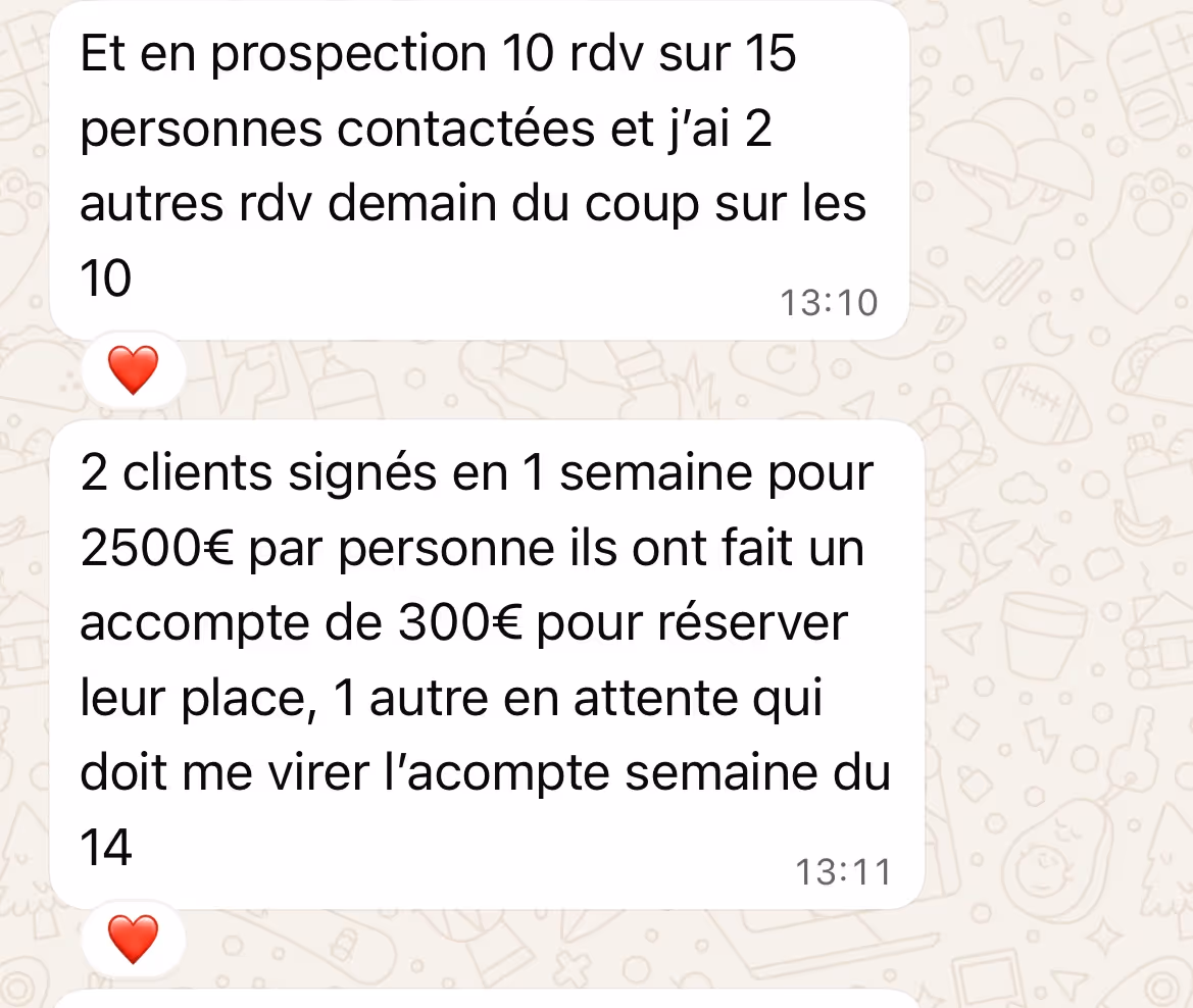 French text messages discussing business appointments and signed clients with payment details, including emojis of red hearts.