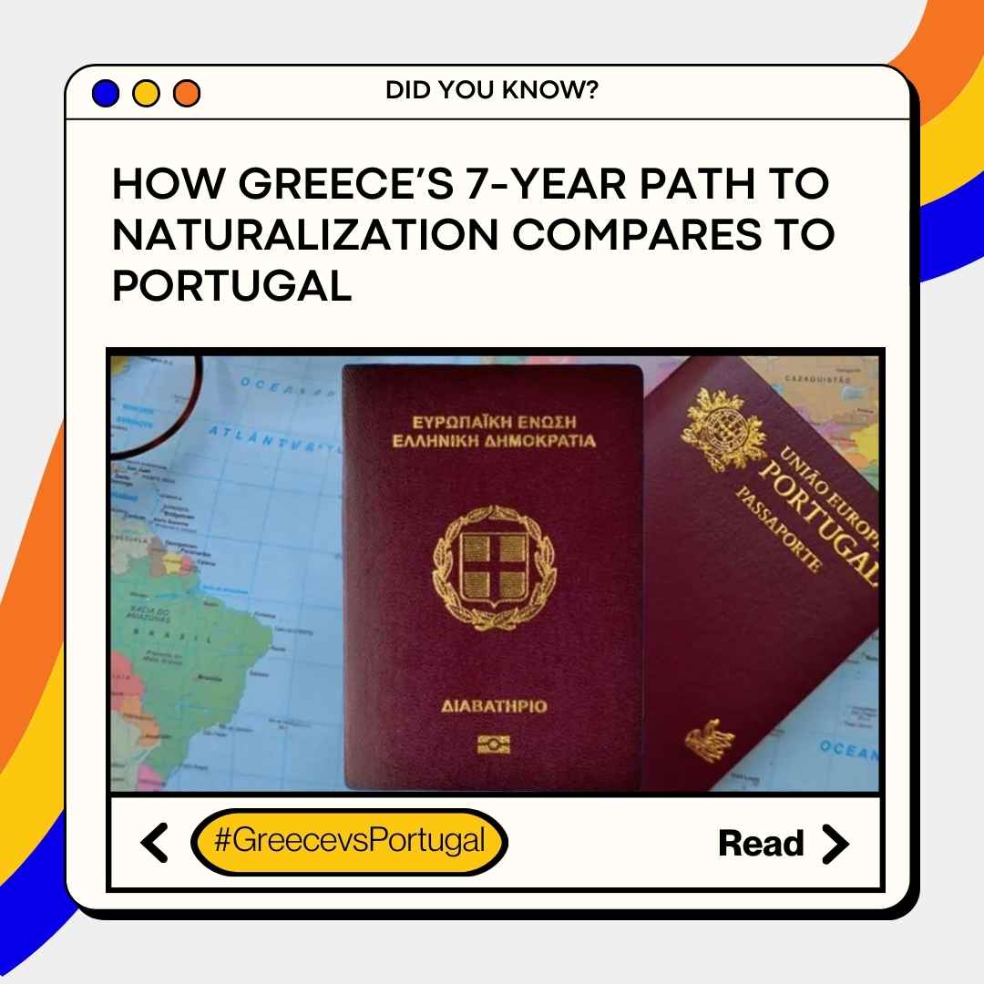 Portugal and Greek passports stacked up against each other, demonstrating comparisons between their citizenship programs
