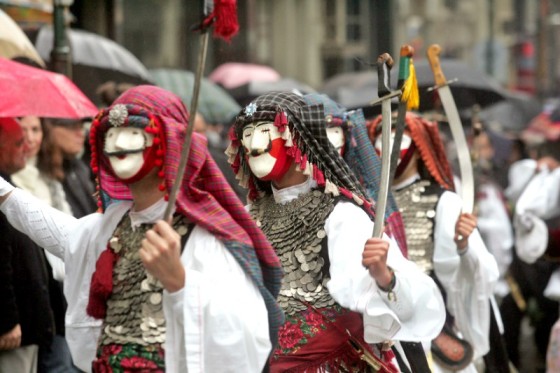 Colorful carnival masks representing Greek Apokries traditions