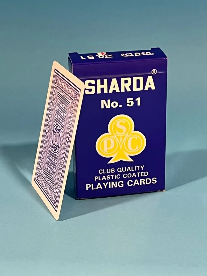 Shot of premium Sharda 51 paper playing cards deck with back design.