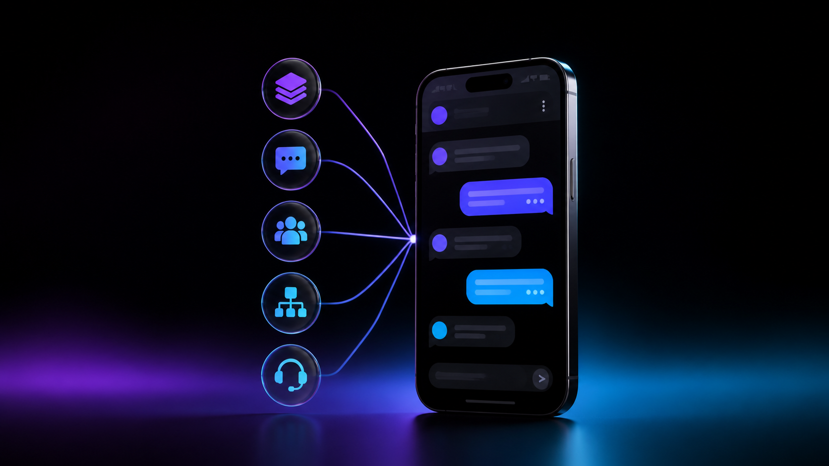 Smartphone connected to five decision signals representing platform cost, message charges, users, automation, and support.