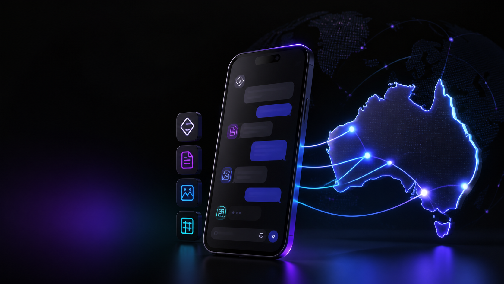Smartphone connected to an illuminated map of Australia, representing recipient-market messaging and global WhatsApp API pricing.