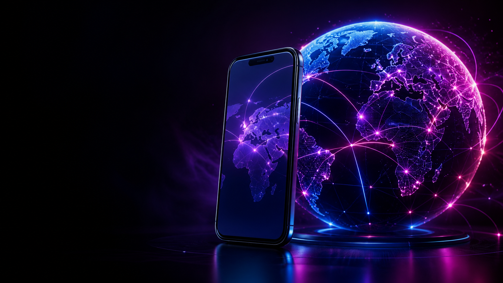 Smartphone connected to a luminous world map, representing recipient-market WhatsApp API pricing across Meta pricing regions.