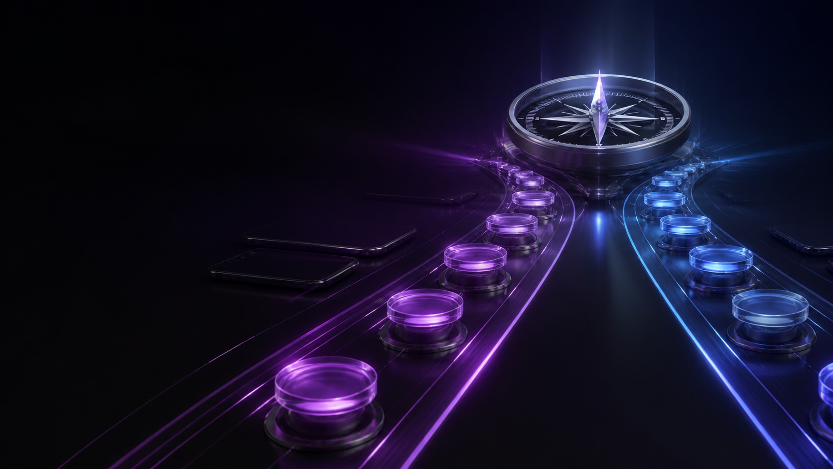 Two illuminated evaluation paths converge on a decision compass, representing evidence-based WhatsApp API provider comparison.