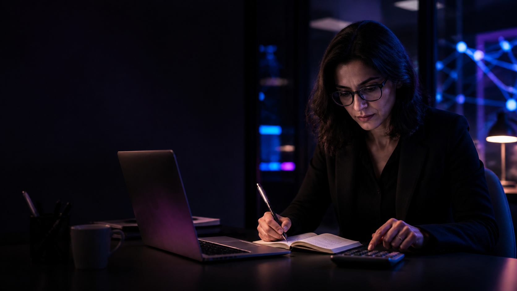 Operations professional reviews a laptop, notebook and calculator while planning monthly WhatsApp API costs.