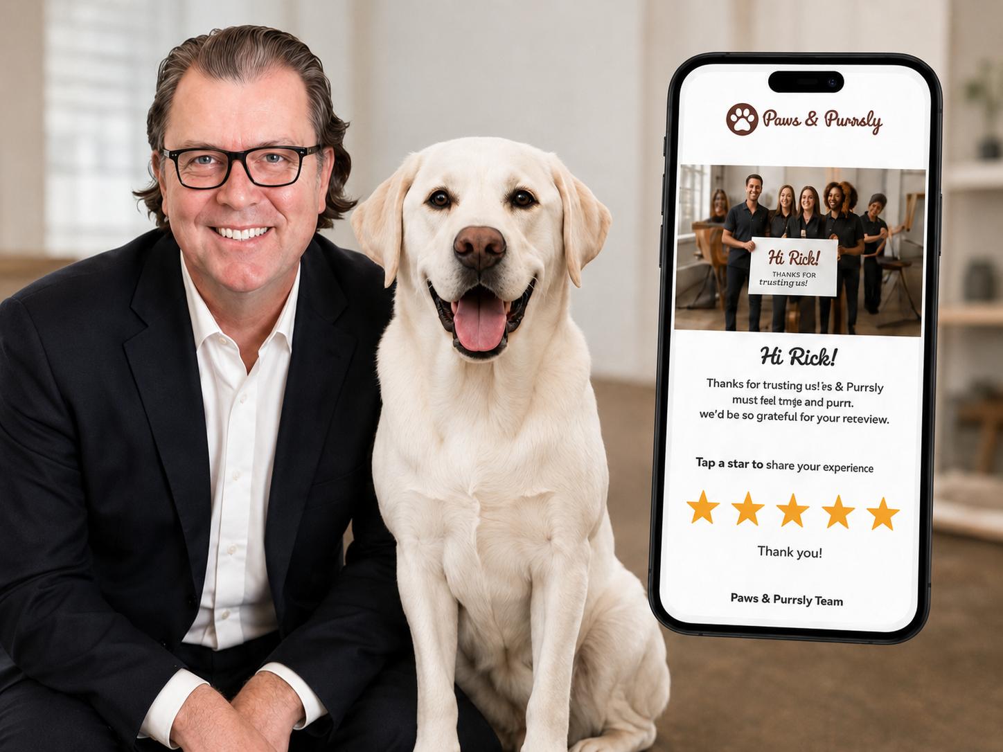 ReviewCrusher explainer video poster with founder, dog, and customer phone experience