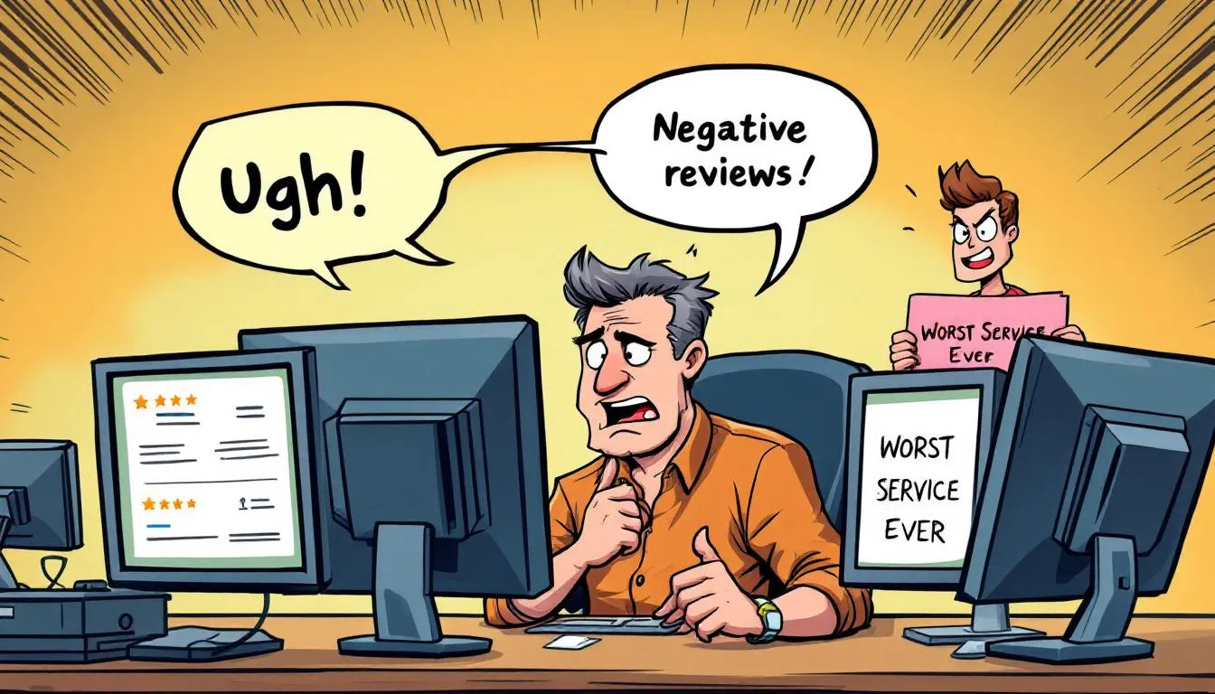 A person reading negative reviews online, emphasizing the importance of responding to negative feedback.