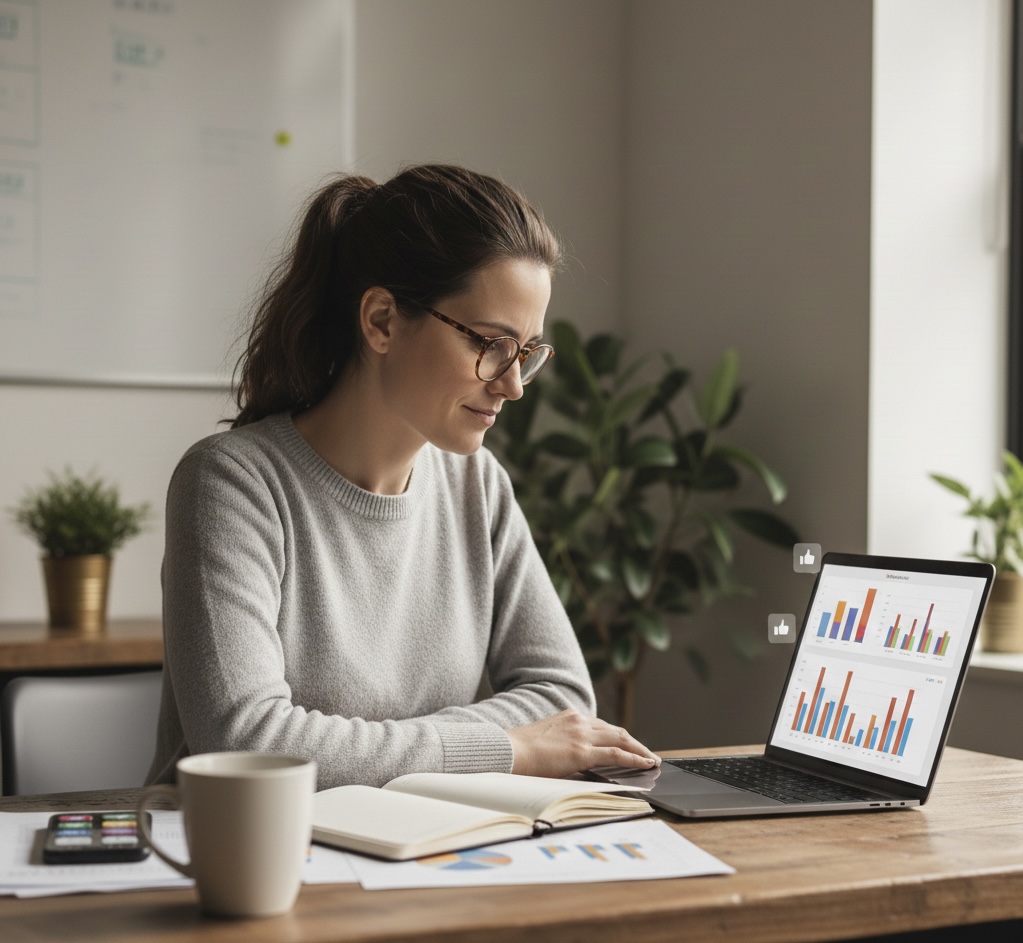 Business owner reviewing growth charts + review notifications