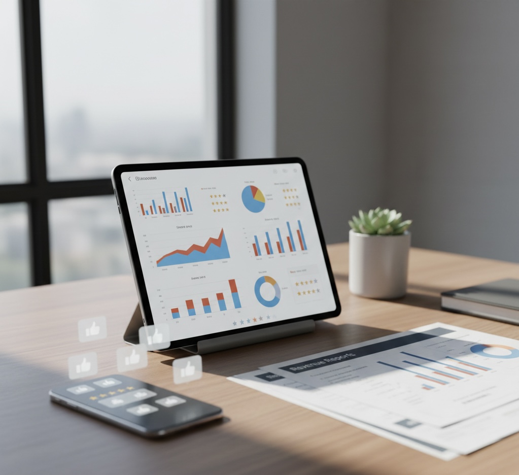 Tablet dashboard with review analytics and revenue reports