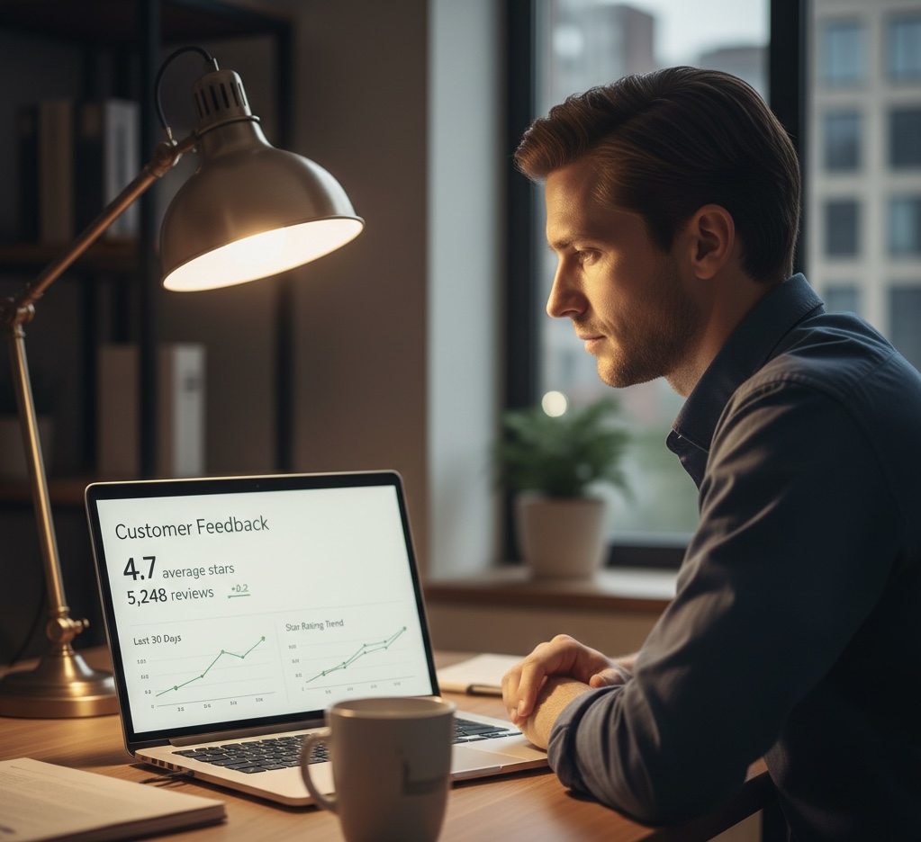 Business owner reviewing customer feedback analytics dashboard showing rising star ratings and review growth trends