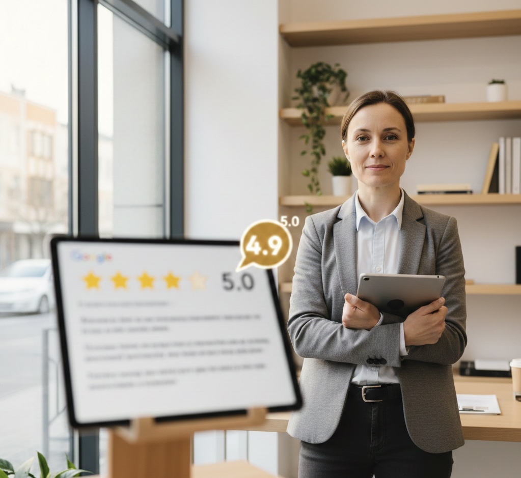 Confident local business owner standing in modern office with laptop displaying 5-star Google reviews in background