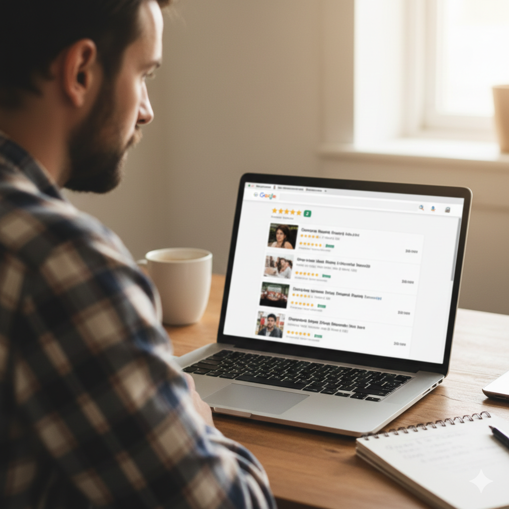 Local business owner reviewing customer feedback on a tablet inside their office with a 5-star rating visible on a computer screen in the background.