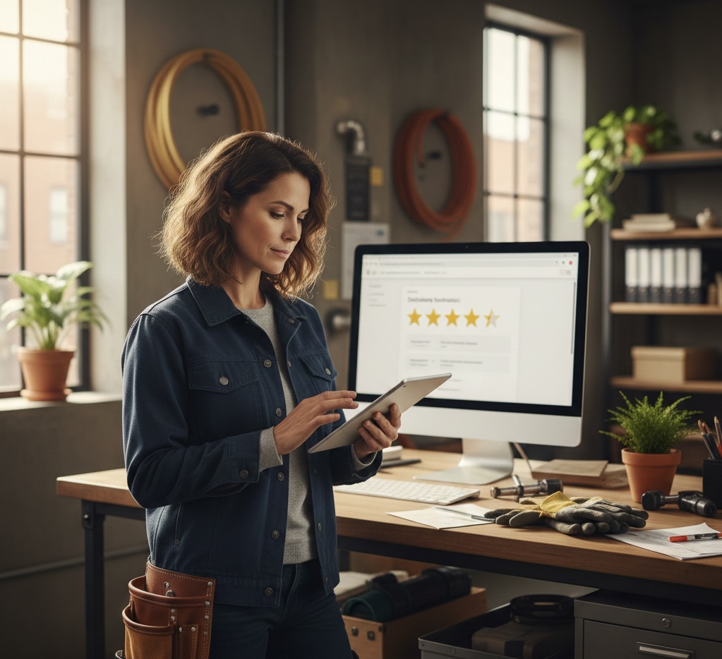 Business owner analyzing Google local search results on a laptop with visible star ratings comparing competitor review profiles.