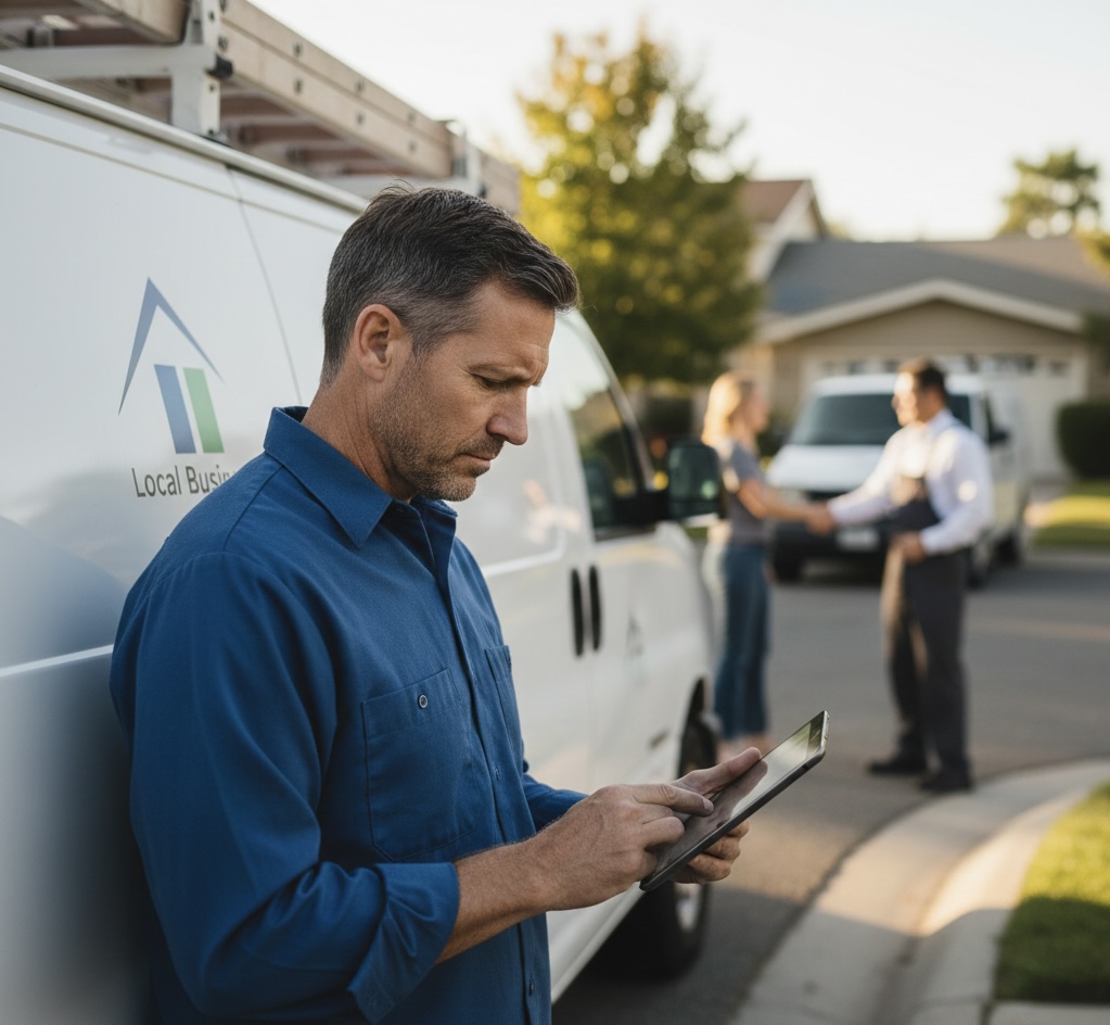 Local HVAC business owner standing in front of service van while competitor shakes hands with customer in background, illustrating trust gap in local business competition.